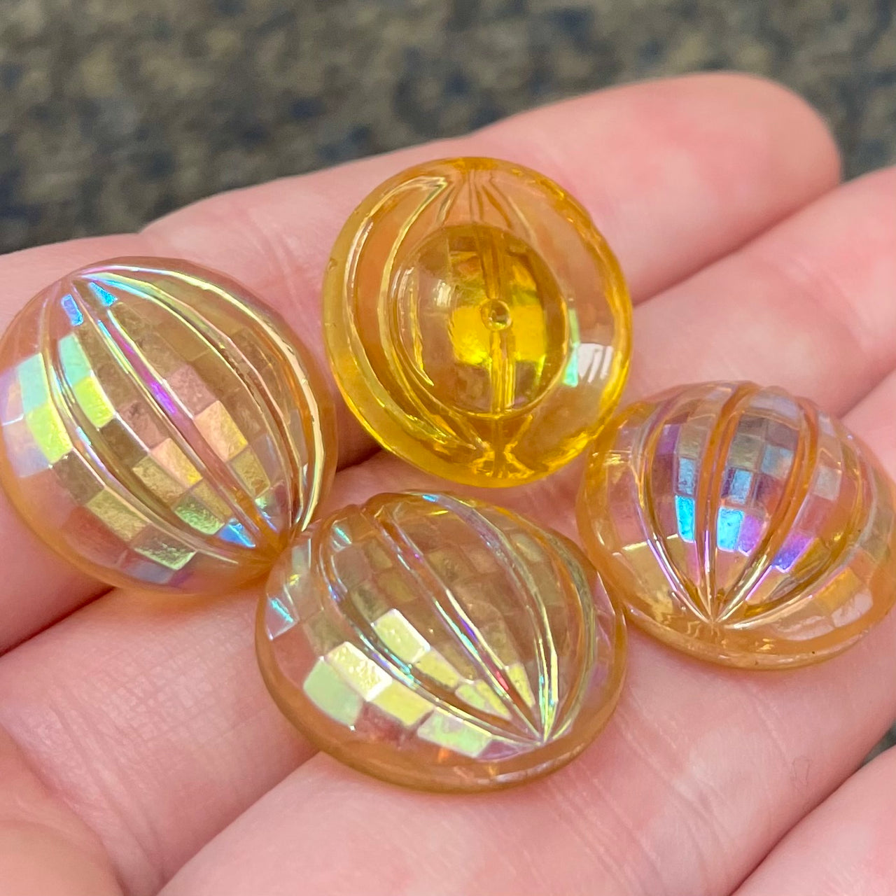 4 Vintage Yellow Golden German Ribbed Iridescent Round Glass Stones