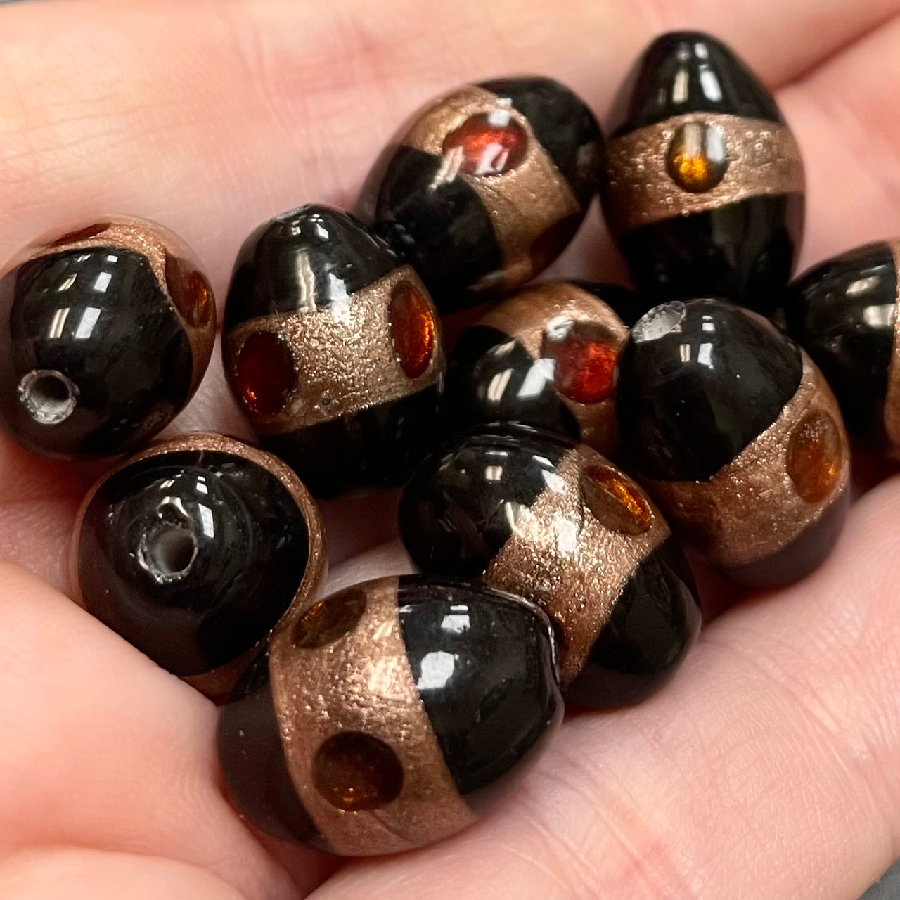 10 Vintage Black Aventurine Striped Oval Glass Beads