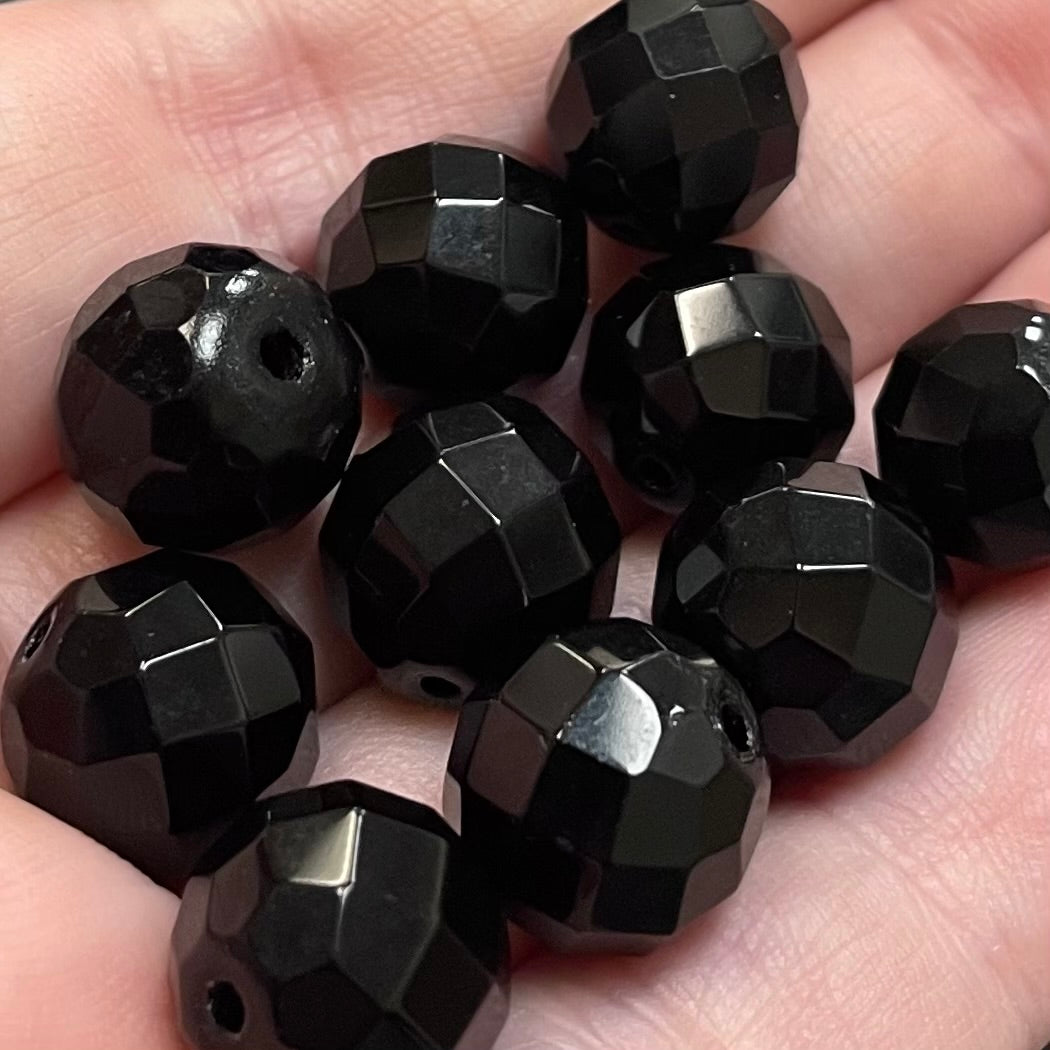 10 Black Faceted Round Glass Beads