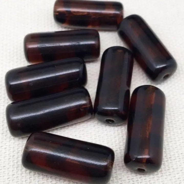 8 Vintage Amber Czech Tube Striped Glass Beads - Sea Beads