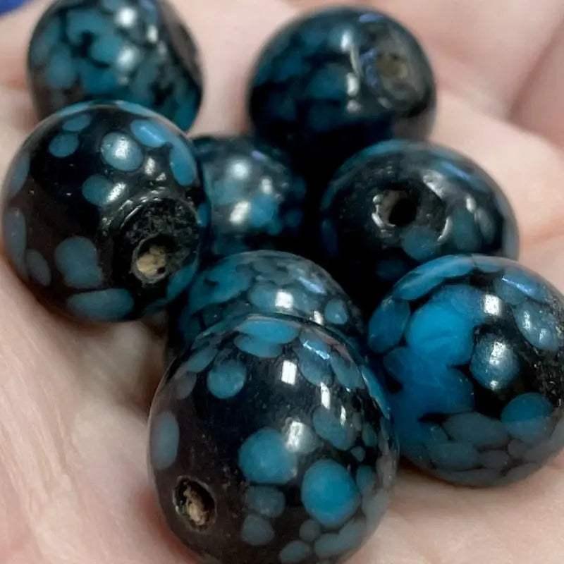 8 Vintage Black Blue Round Japan Glass Beads - Sea Beads
