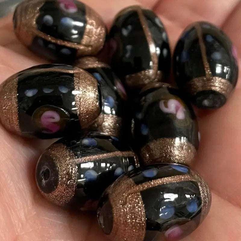 8 Vintage Black Floral Aventurine Oval Glass Beads - Sea Beads