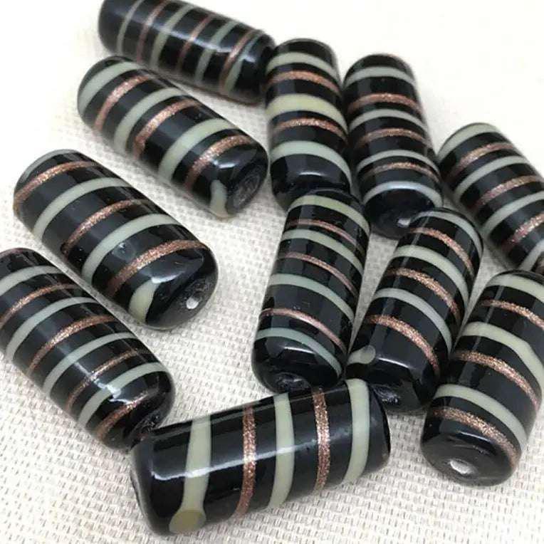 8 Vintage Black Green Aventurine Striped Glass Beads - Sea Beads