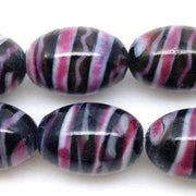 8 Vintage Black Pink White Striped Oval Glass Beads - Sea Beads