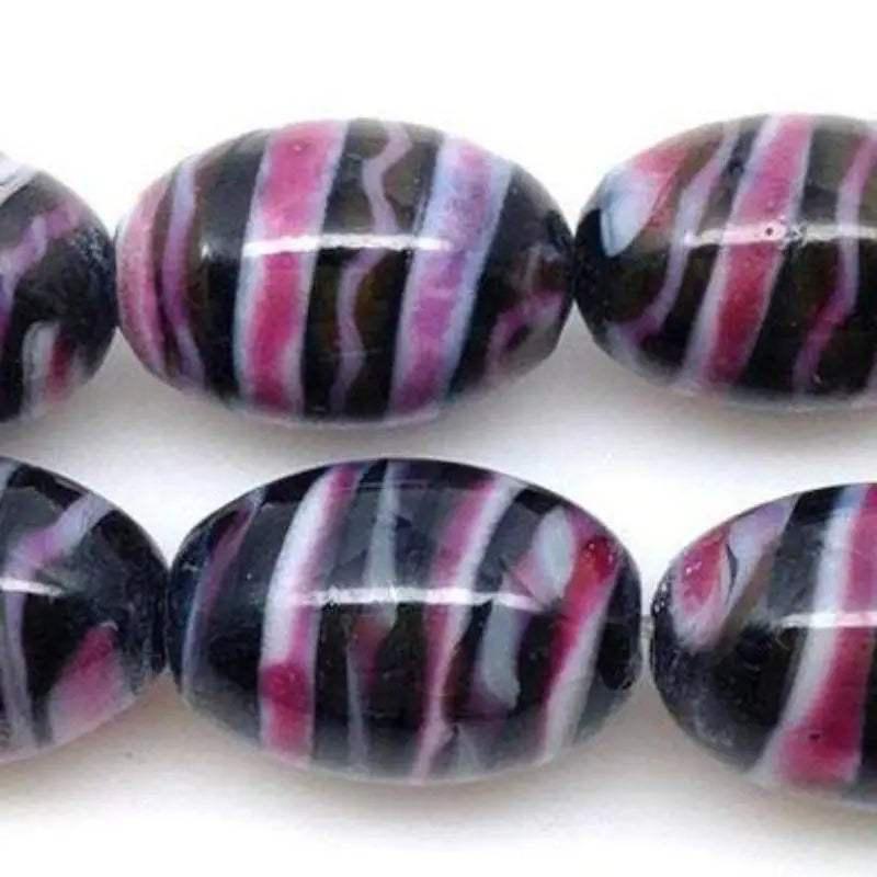 8 Vintage Black Pink White Striped Oval Glass Beads - Sea Beads