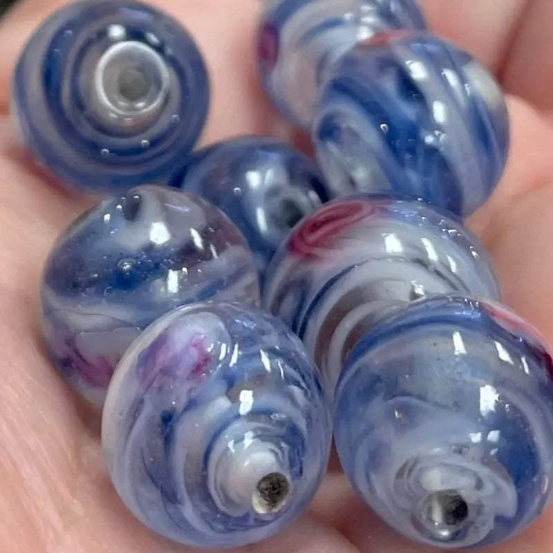 8 Vintage Blue Clear Swirl Round Glass Beads - Sea Beads