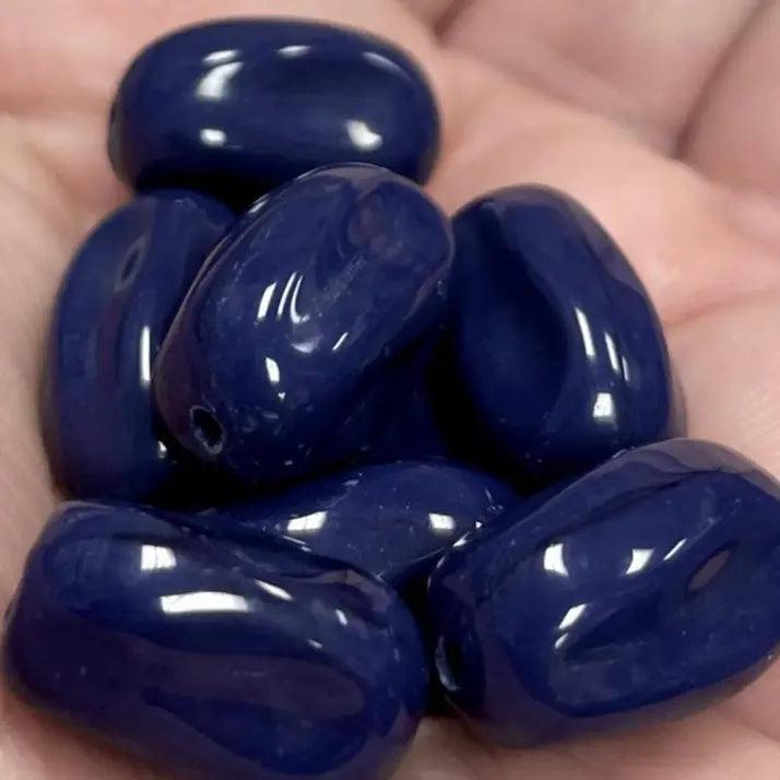 8 Vintage Blue Navy German Oval Glass Beads - Sea Beads