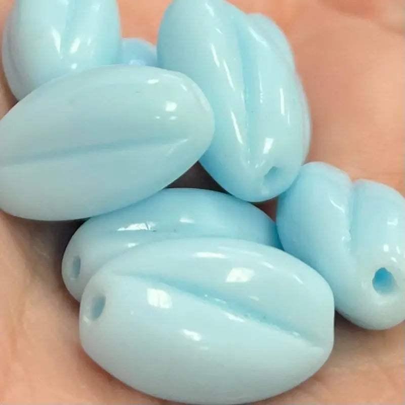 8 Vintage Blue Ribbed Oval Glass Beads - Sea Beads
