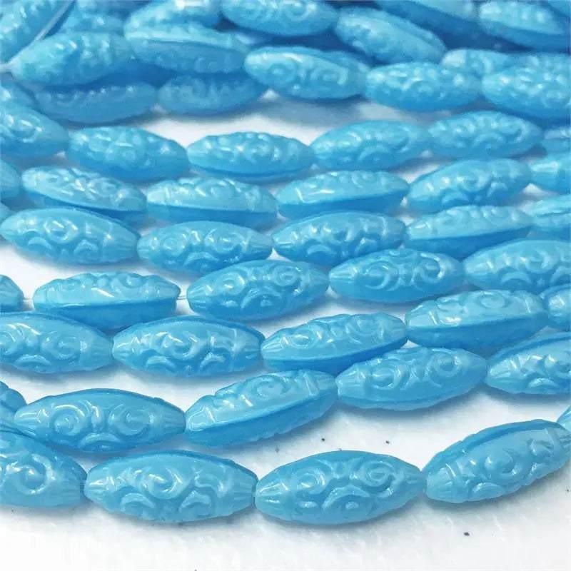 8 Vintage Blue Turquoise German Pressed Oval Glass Beads - Sea Beads