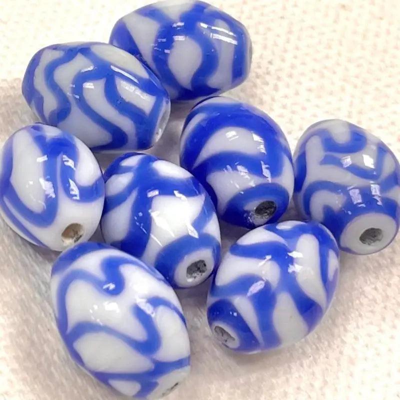 8 Vintage Blue White Squiggly Striped Oval Glass Beads - Sea Beads