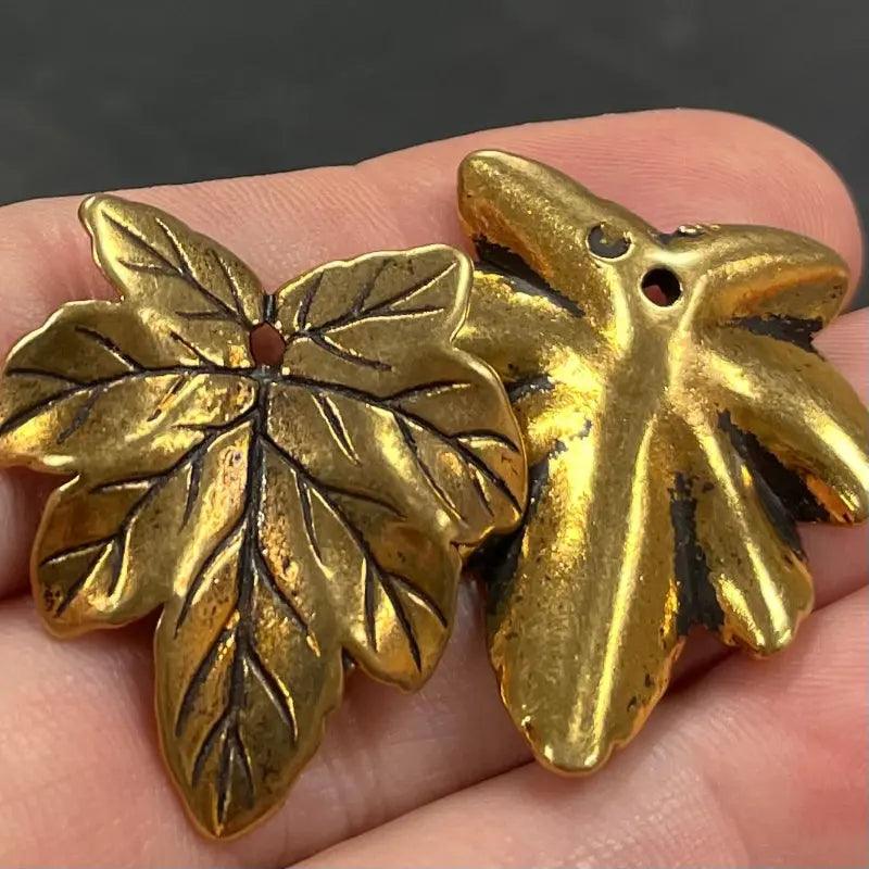8 Vintage Gold Coated Antique Acrylic Leaf Pendants - Sea Beads