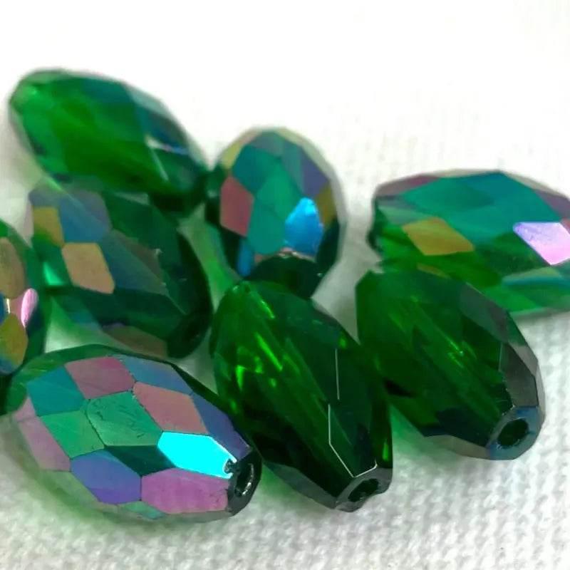 8 Vintage Green AB German Faceted Oval Glass Beads - Sea Beads