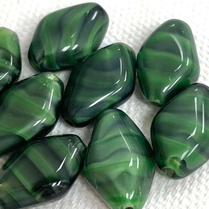 8 Vintage Green Black German Satin Diamond Glass Beads - Sea Beads