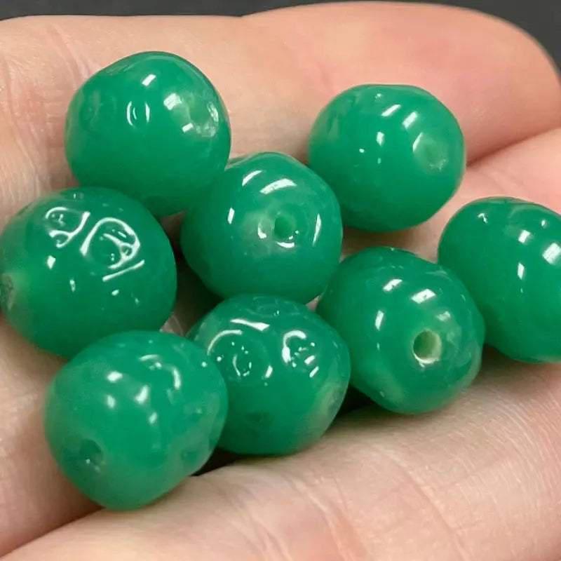 8 Vintage Green Jadeite Japan Dimpled Cherry Brand Glass Beads - Sea Beads