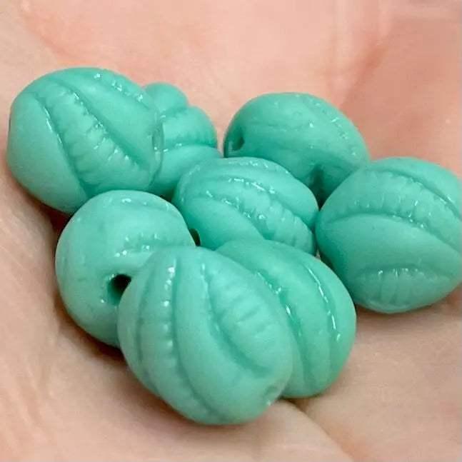 8 Vintage Green Teal German Etched Oval Glass Beads - Sea Beads