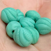 8 Vintage Green Teal German Etched Oval Glass Beads - Sea Beads