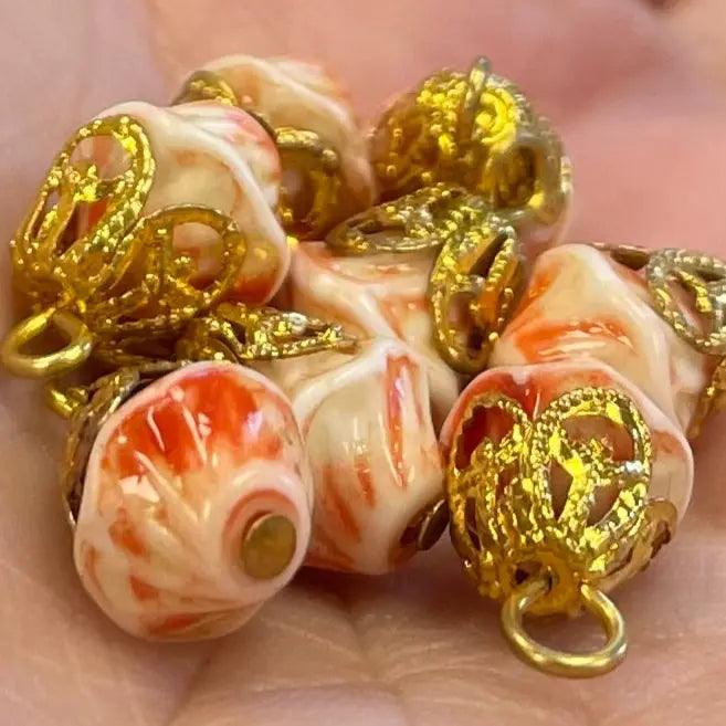 8 Vintage Orange Hyacinth Japan Lantern Glass Charms - Sea Beads