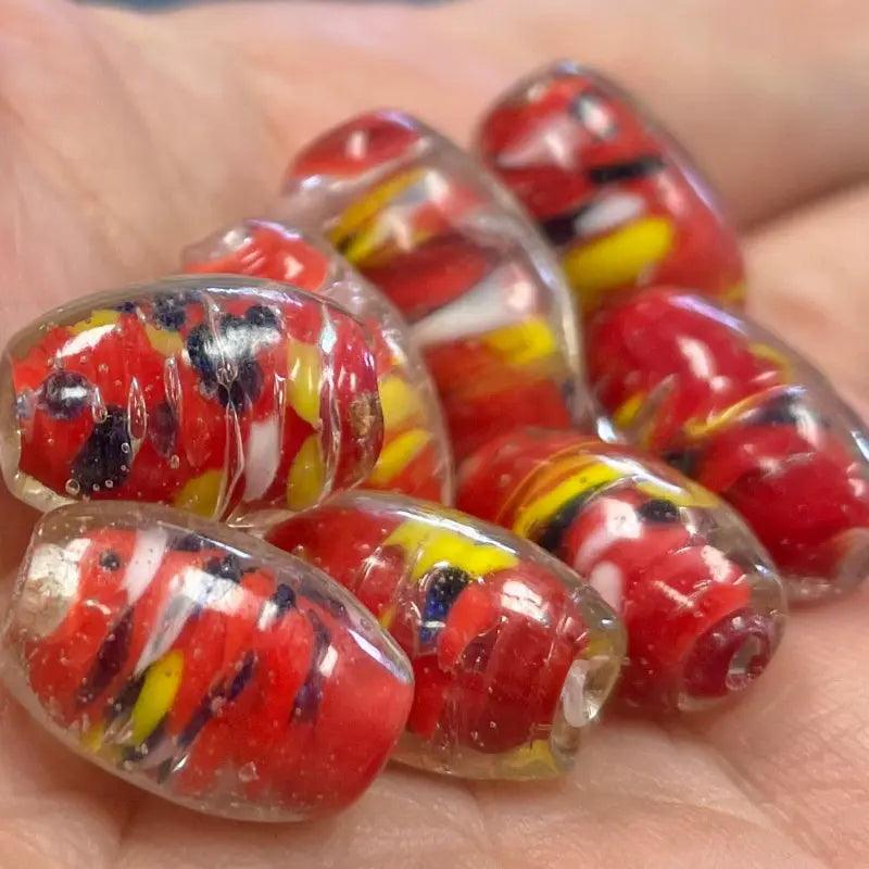 8 Vintage Red Clear Japan Oval Glass Beads - Sea Beads