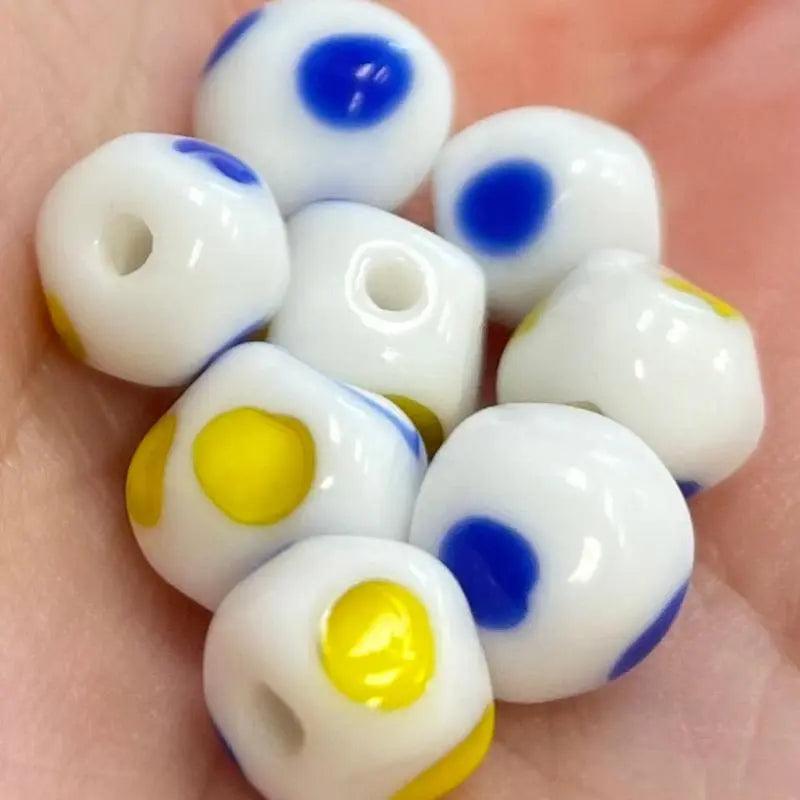 8 Vintage White Blue Yellow Japan Dot Glass Beads - Sea Beads