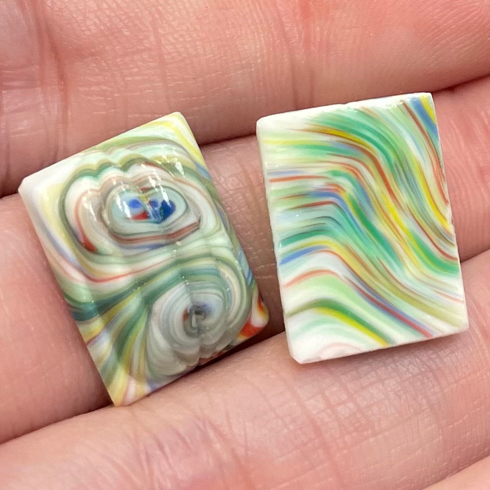 2 Vintage Green Multi Japan Swirl Rectangle Glass Cabochons