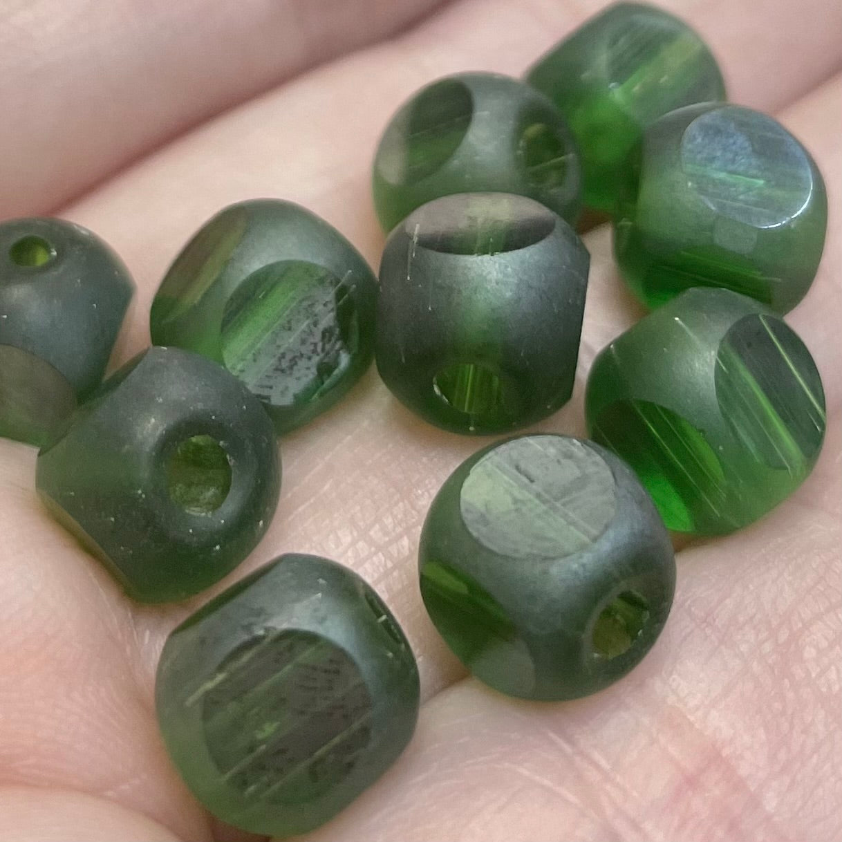 10 Vintage Green Window Cube Glass Beads