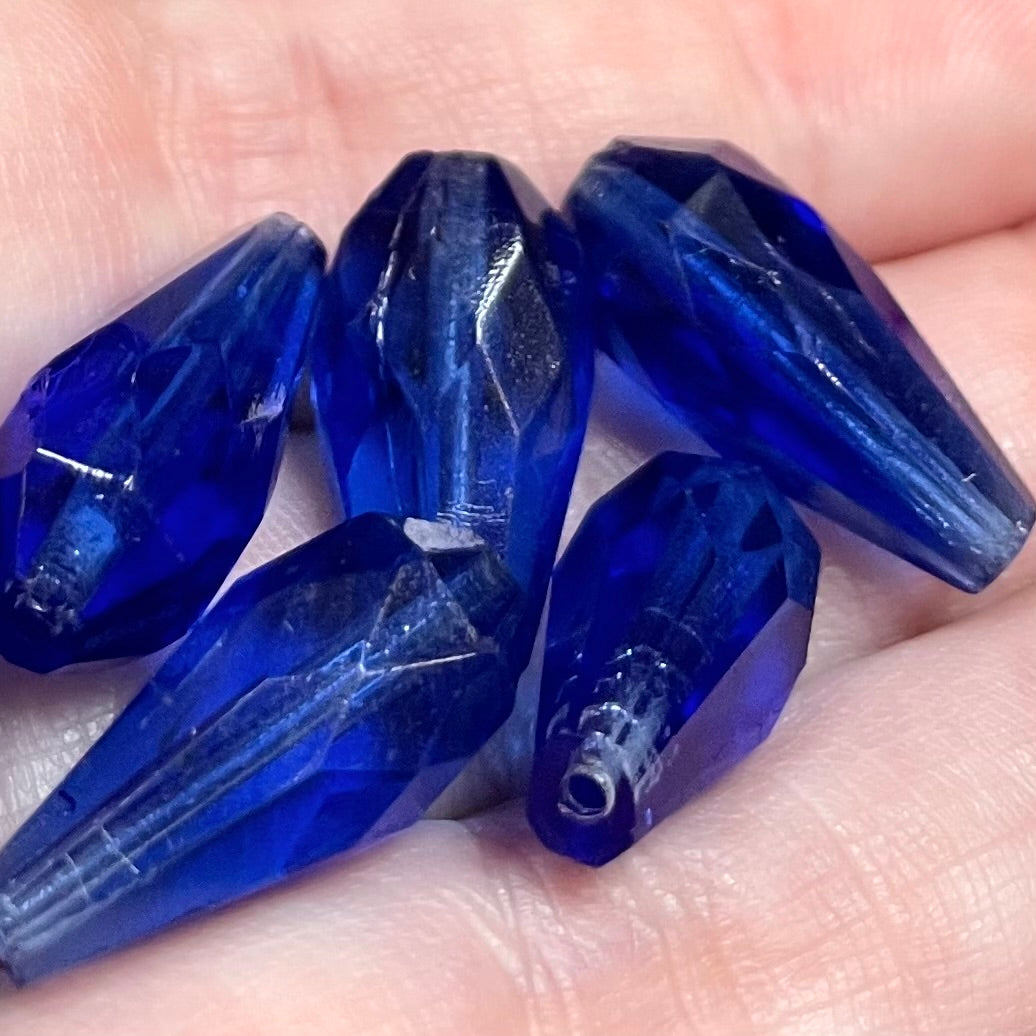 6 Vintage Blue Cobalt Faceted Teardrop Glass Beads