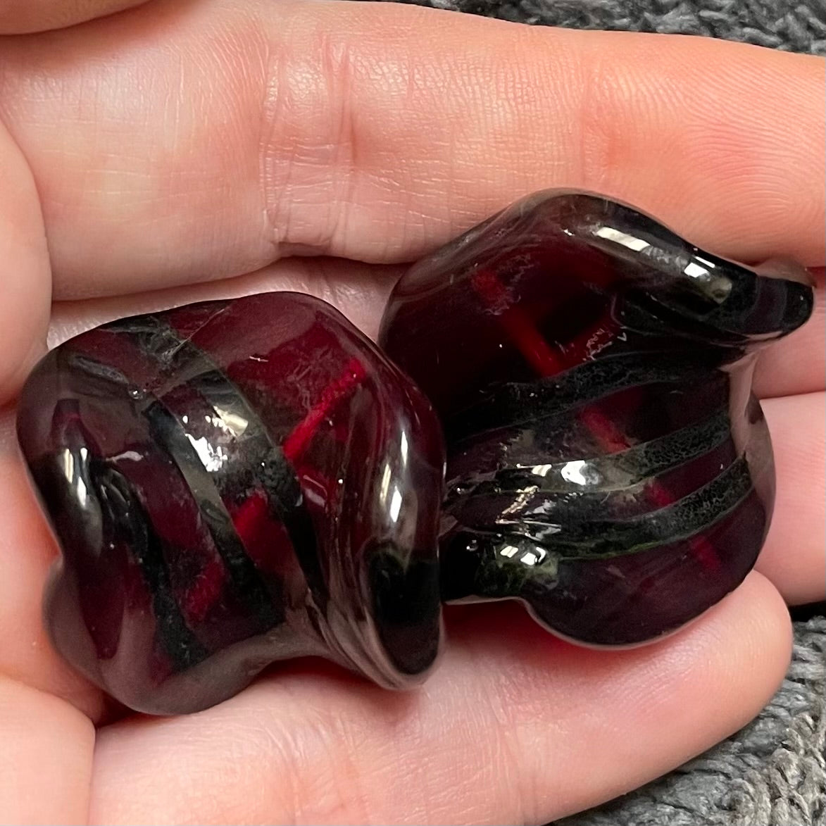2 Vintage Handmade Striped Garnet Large Glass Beads