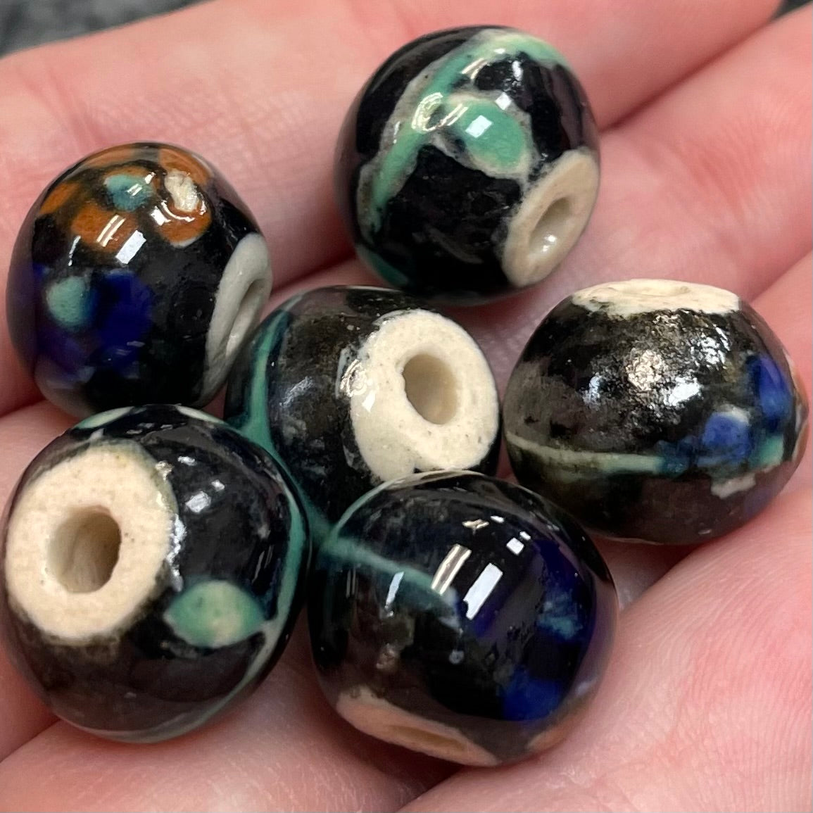 6 Vintage Hand Painted Black Floral Round Porcelain Beads