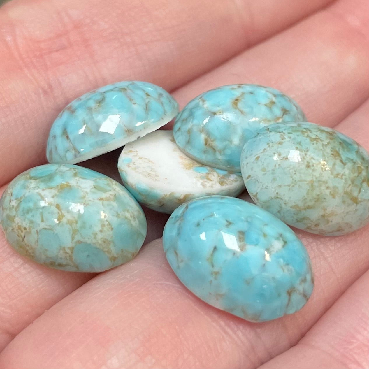6 Vintage Blue Turquoise Oval Glass Cabochons