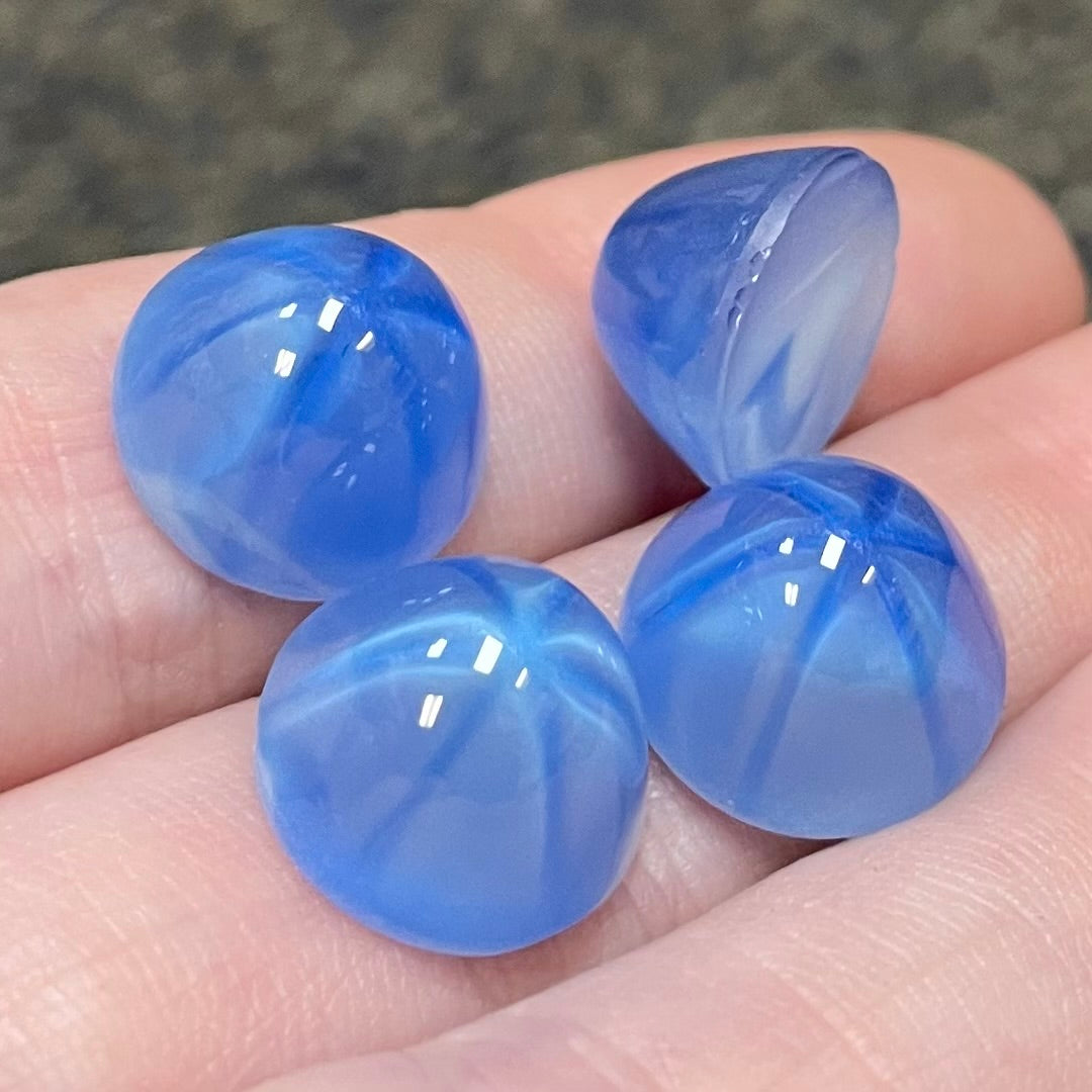 4 Vintage Blue Satin Star High Domed Round Glass Cabochons