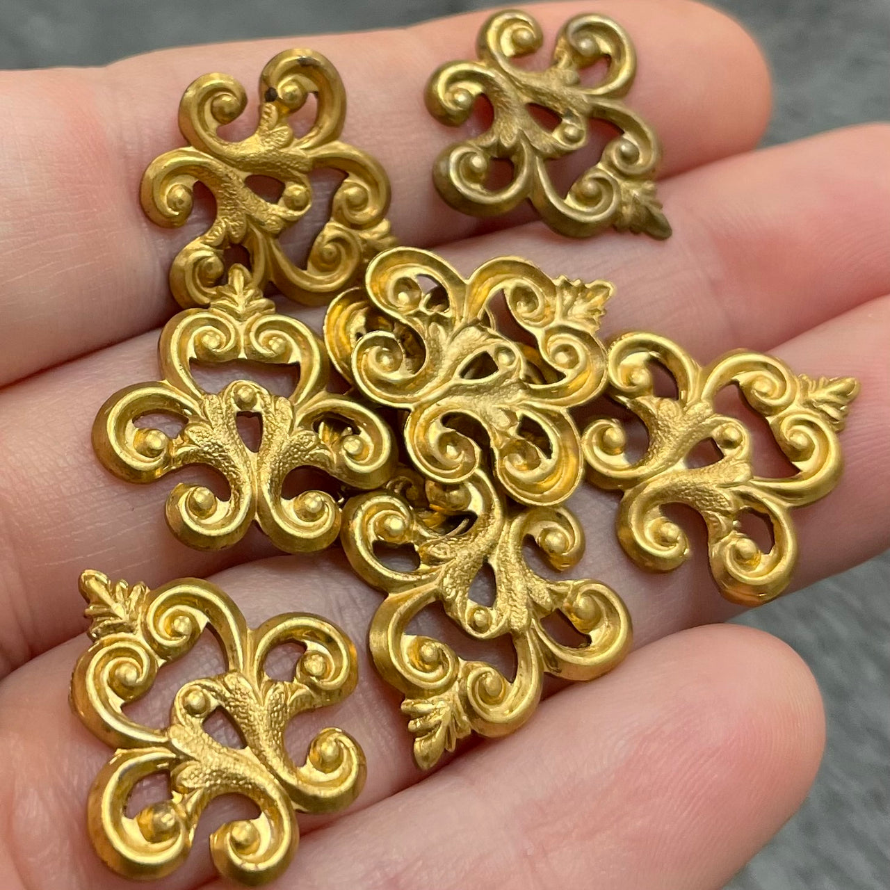 8 Vintage Brass Fancy Scroll Metal Stampings