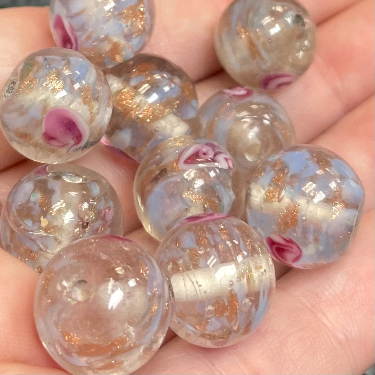 10 Vintage Blue Sapphire Clear Rose Round Glass Beads