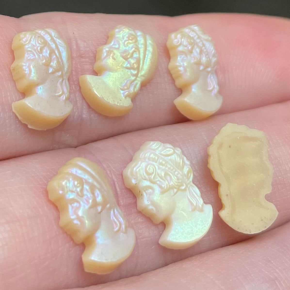 6 Vintage Beige Iridescent Cameo Glass Cabochons