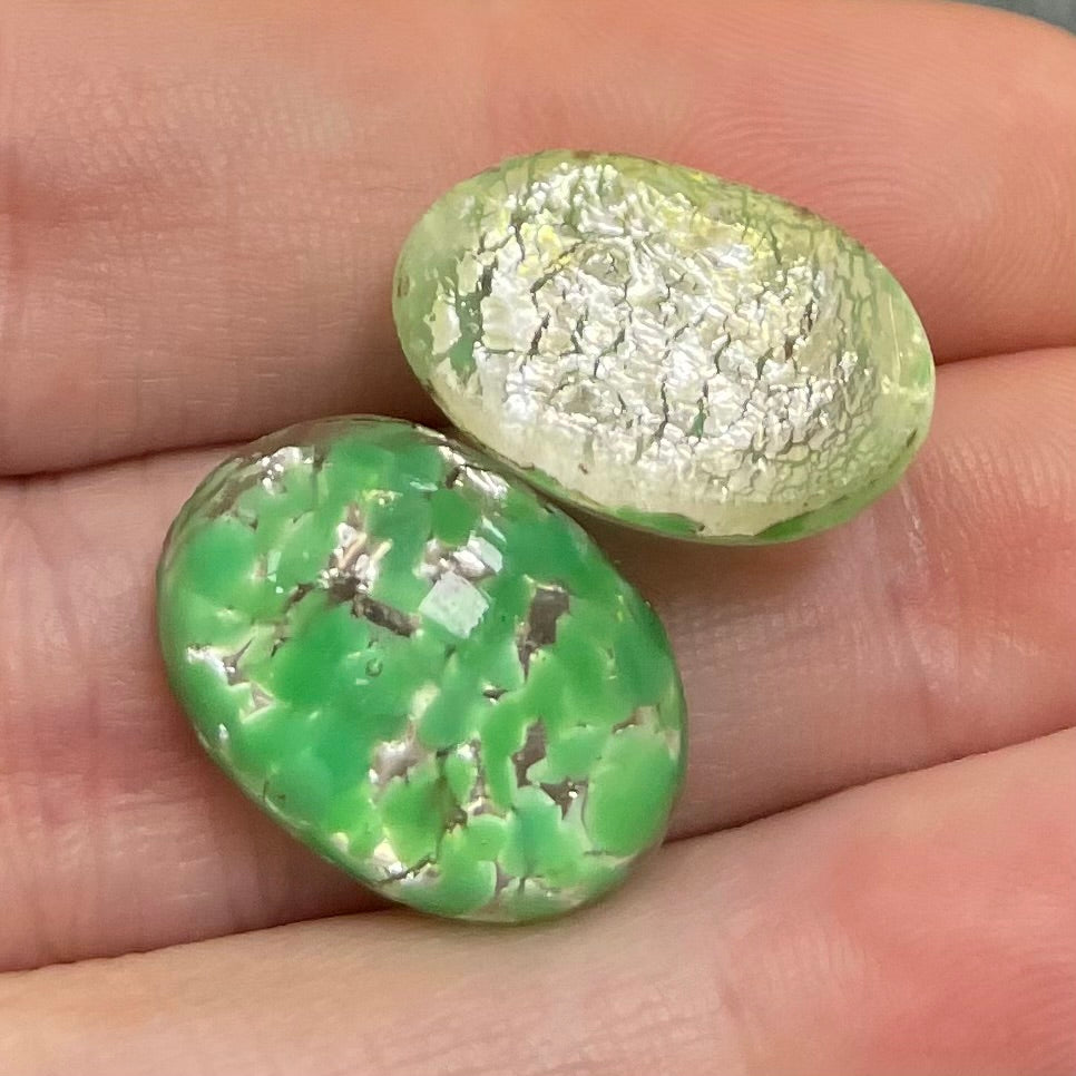 2 Vintage Green Japan Foil Oval Glass Cabochons