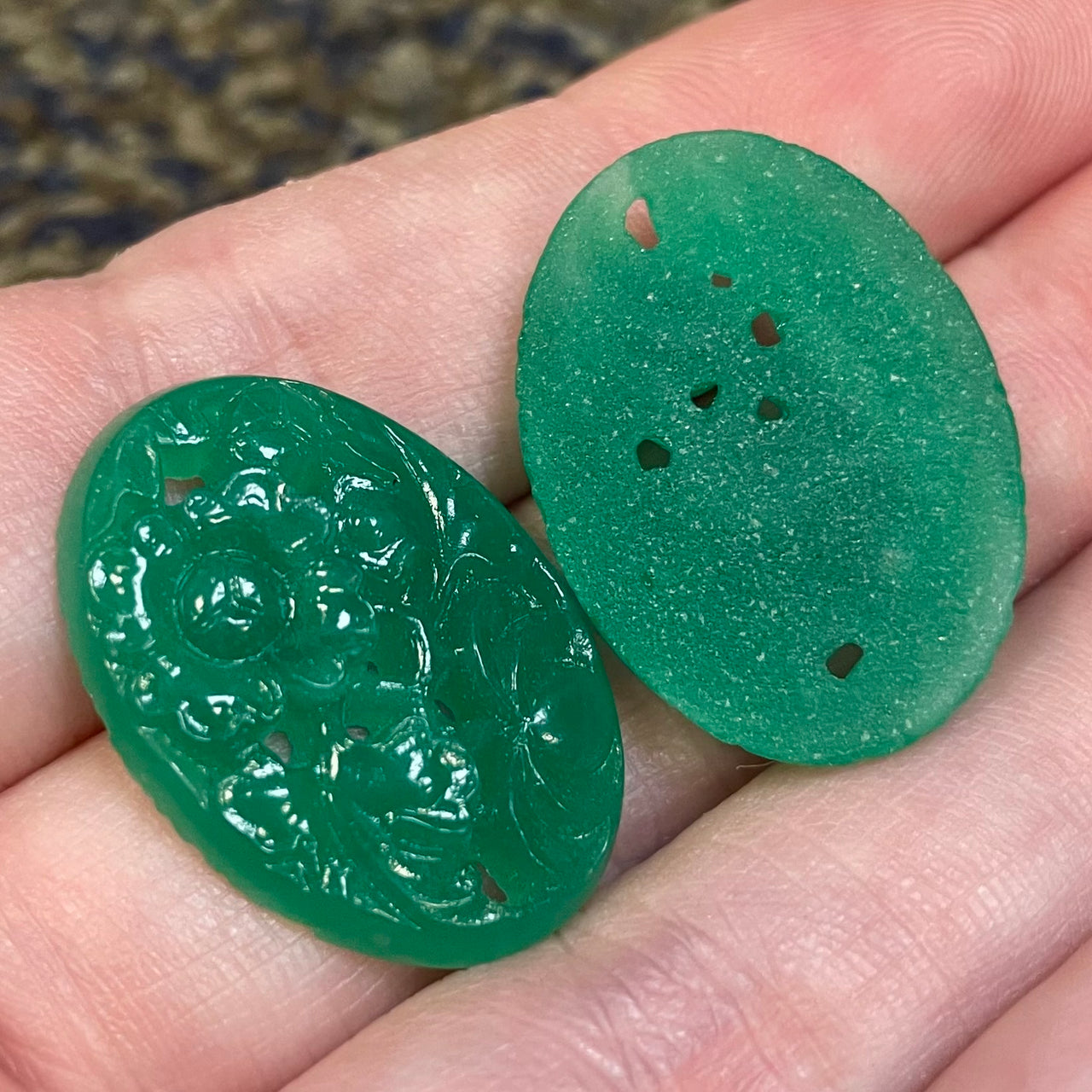 2 Vintage Green Jadeite Japan Floral Oval Glass Cabochons