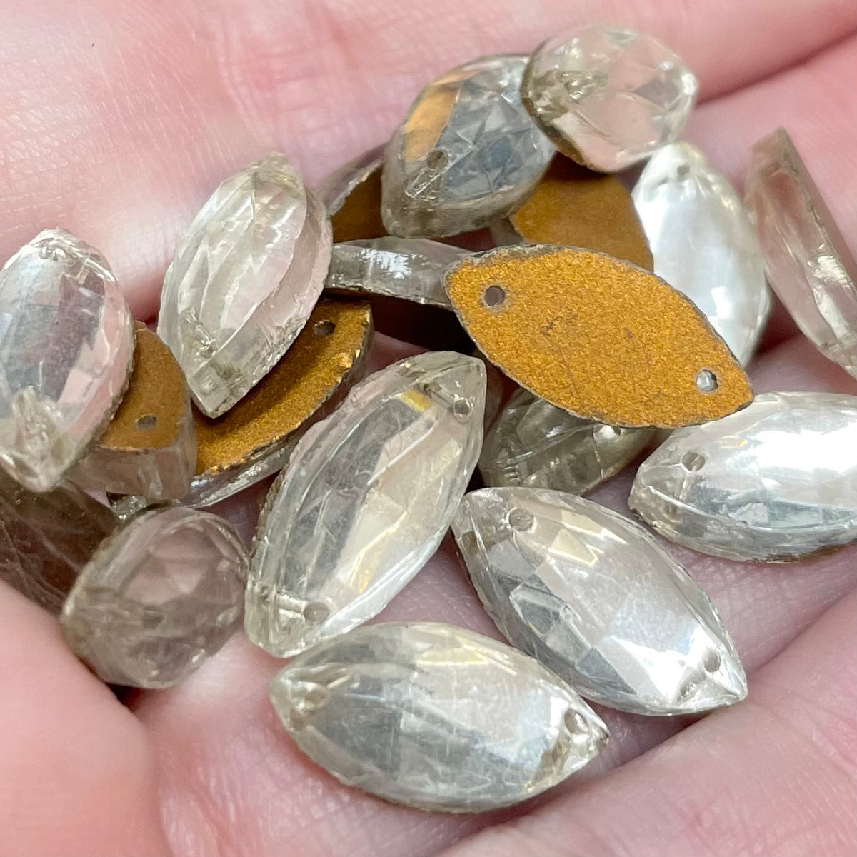 20 Vintage Clear Navette Sew On Glass Cabochons
