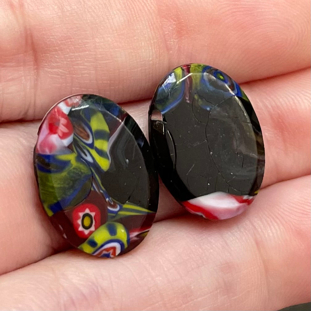 2 Vintage Red Black Italian Millefiori Oval Glass Cabochons