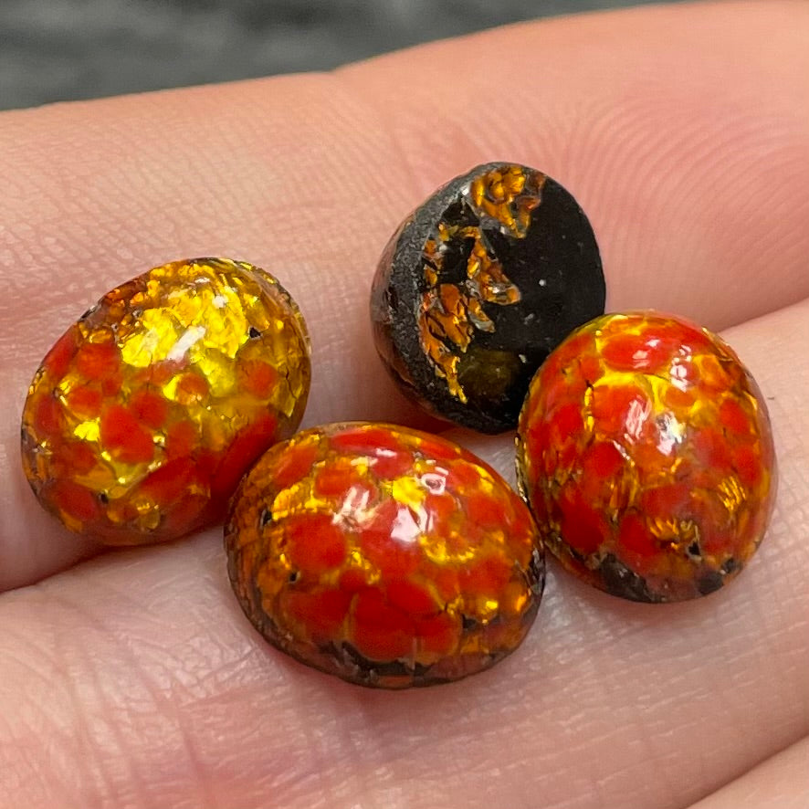 4 Vintage Red Gold Japan Foil Oval Glass Cabochons