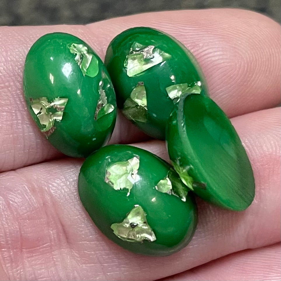 4 Vintage Green Japan Foil Oval Glass Cabochons