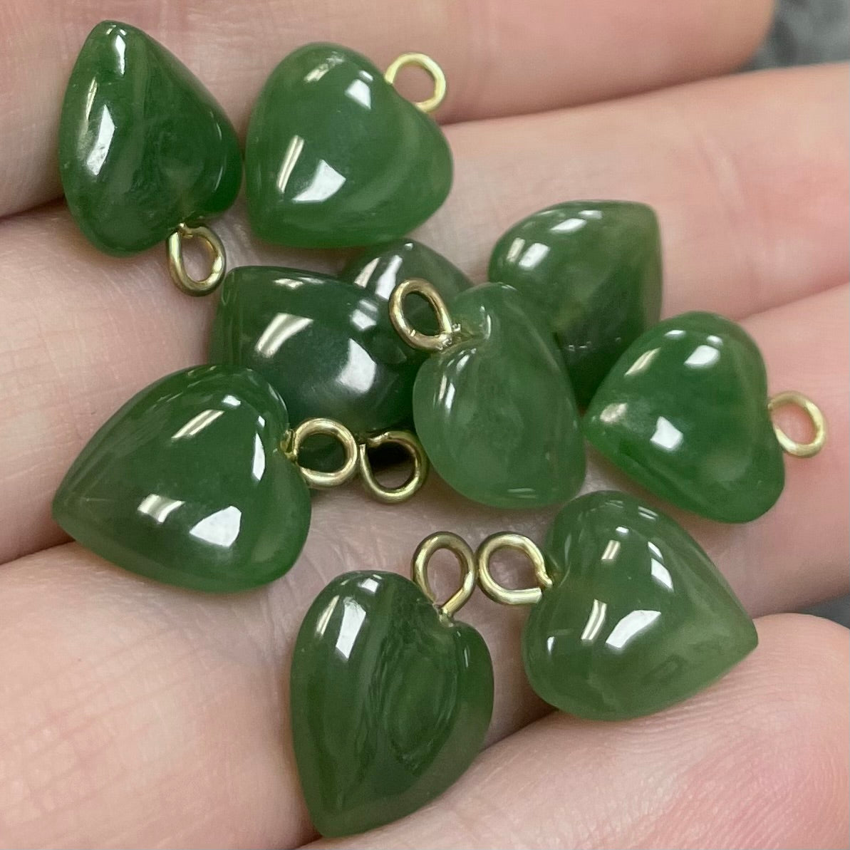10 Vintage Creamy Dark Olive Green Heart Glass Charms