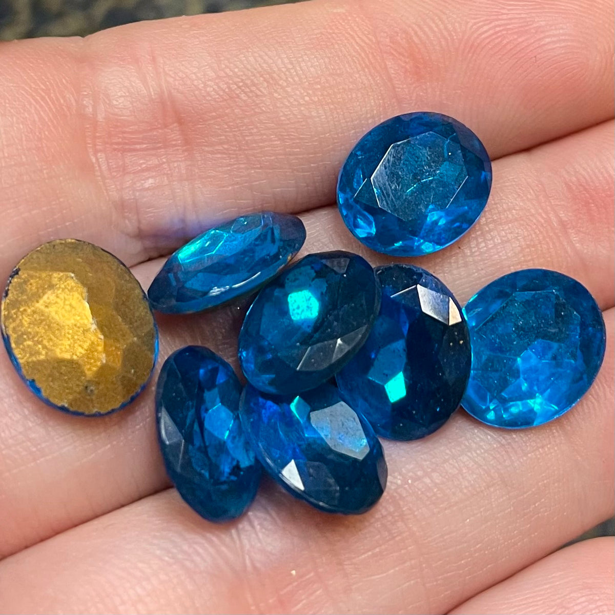 8 Vintage Blue Aqua Dark Faceted Oval Glass Stones