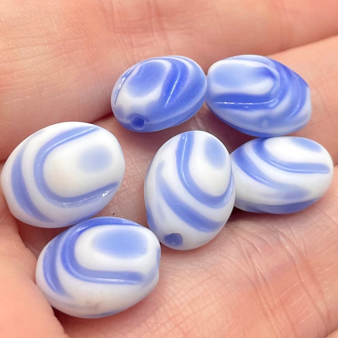 6 Vintage Blue White Matte German Pressed Oval Glass Beads
