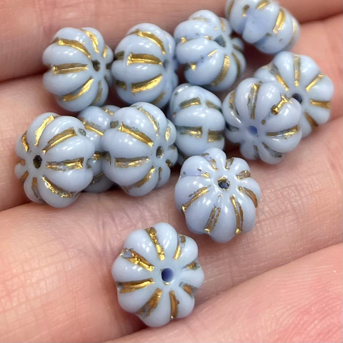 12 Vintage Light Opal Blue German Flower Glass Beads