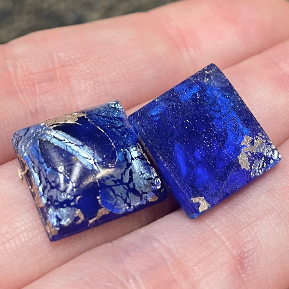 2 Vintage Blue Silver Foil Square Glass Cabochons