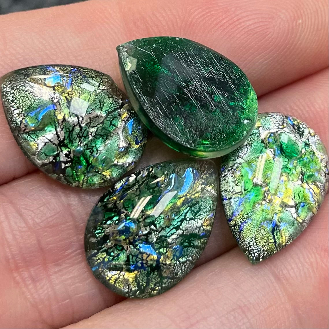 4 Vintage Green Japan Foil Pear Glass Cabochons