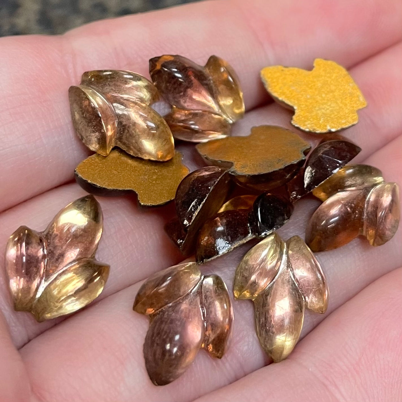 12 Vintage Purple Amethyst Yellow Givre Leaf Glass Cabochons