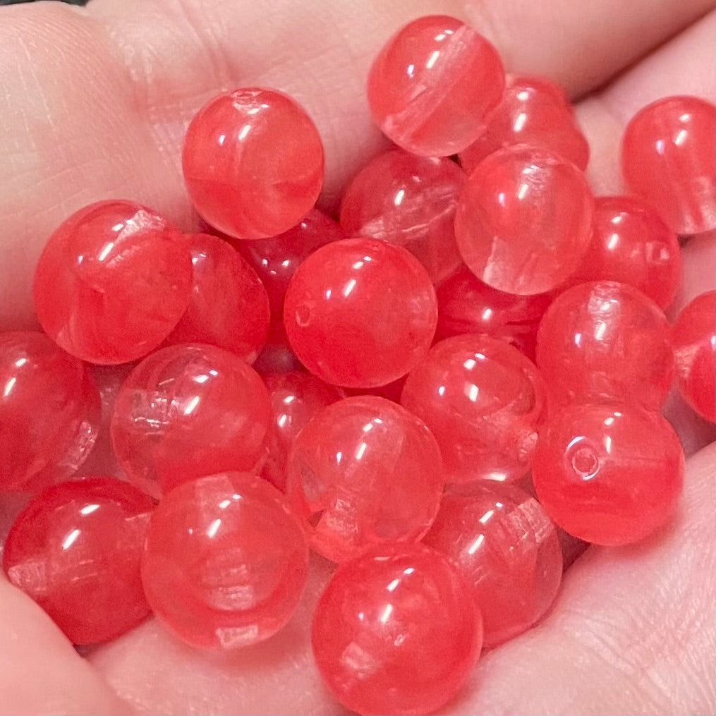 25 Swirl Clear Red Round Glass Beads