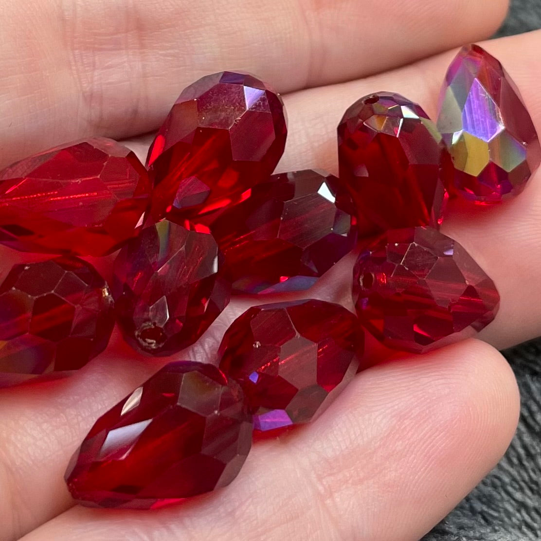 10 Vintage AB Siam Red Czech Faceted Teardrop Glass Beads