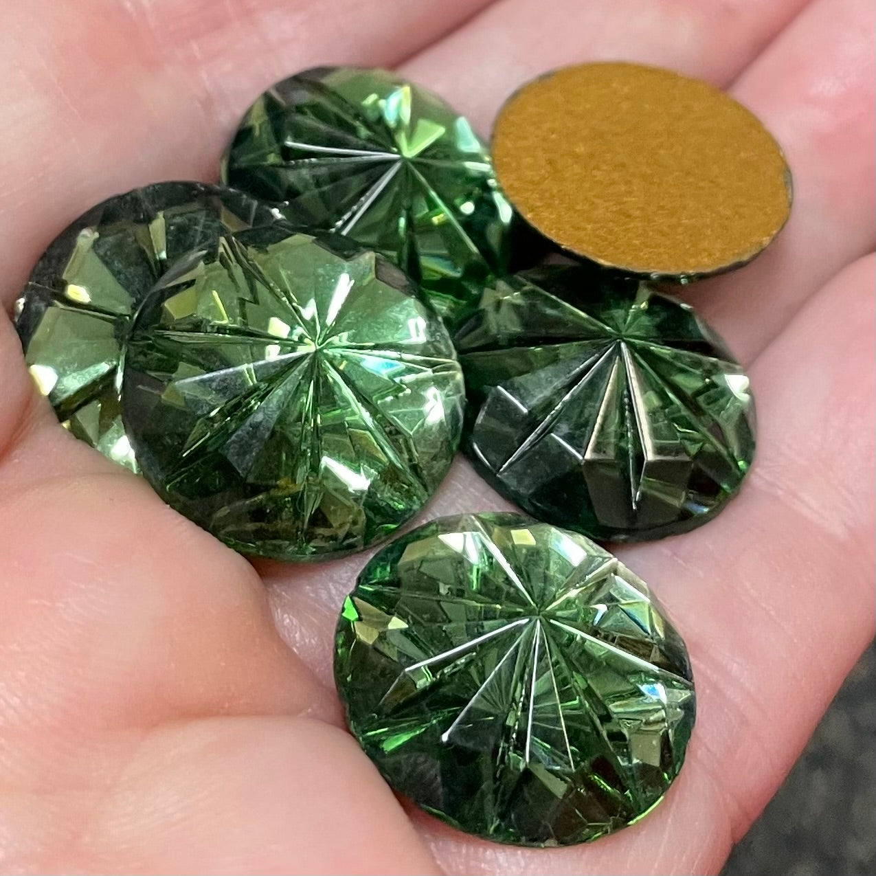 6 Vintage Green Tourmaline German Round Floral Cabochons 18mm