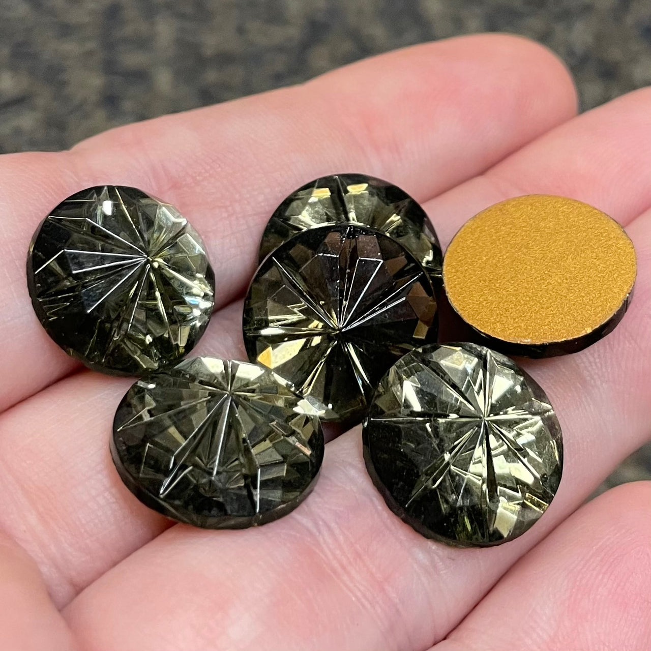 6 Vintage Black Diamond German Round Floral Cabochons 15mm